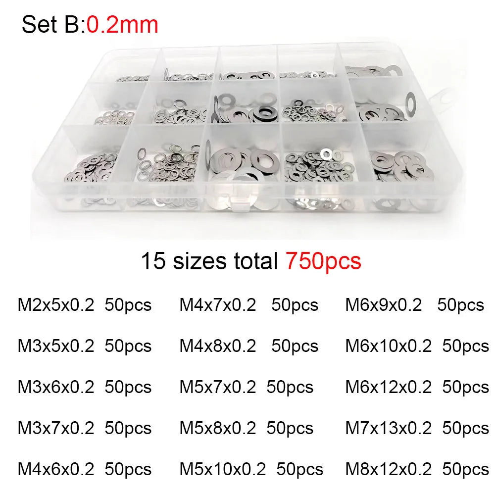 500/750/1200Pcs M2 M3 M4 M5 M6 M7 M8 304 A2 Stainless Steel Ultra Thin Washer Set Adjusting Shim Plain Gasket Assortment Kit Box