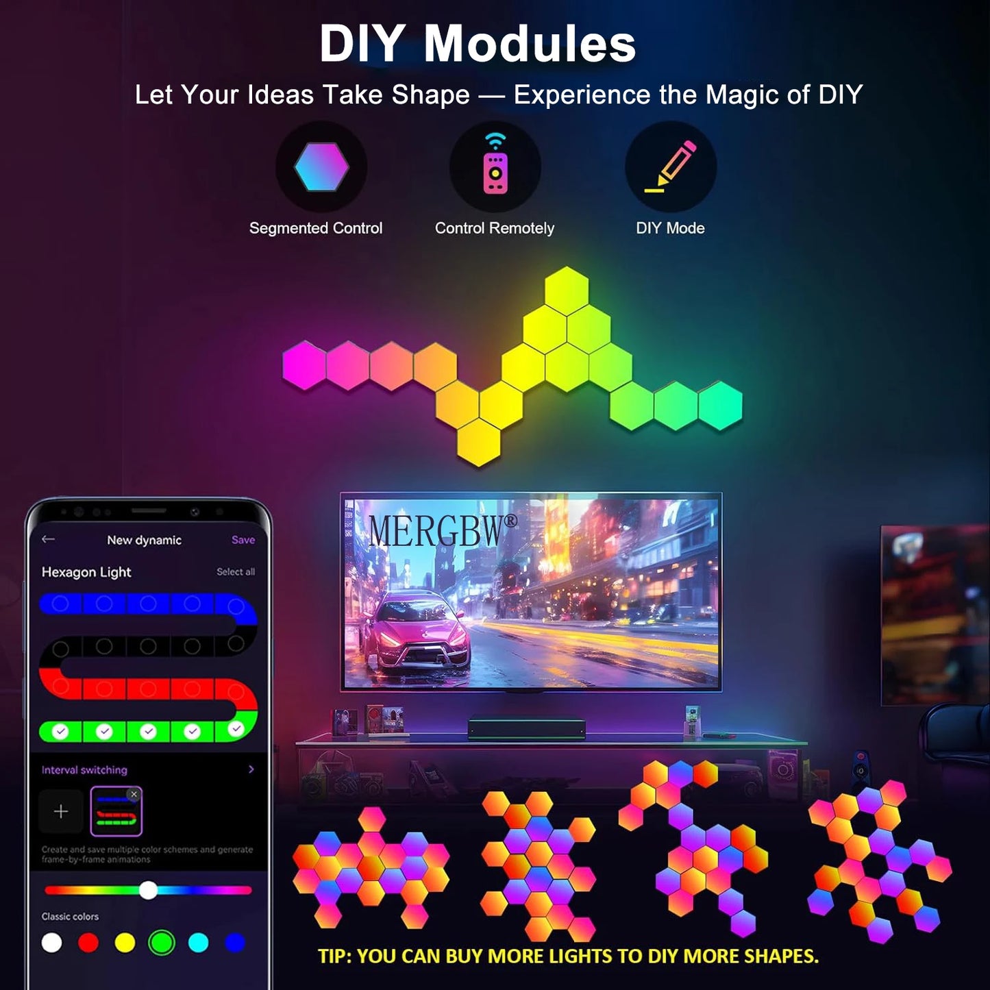 RGB Intelligent Hexagonal Wall Lamp Color Changing Ambient Night Light Hexagona Shape MeRGBW APP DIY Music Sync Game Room Home