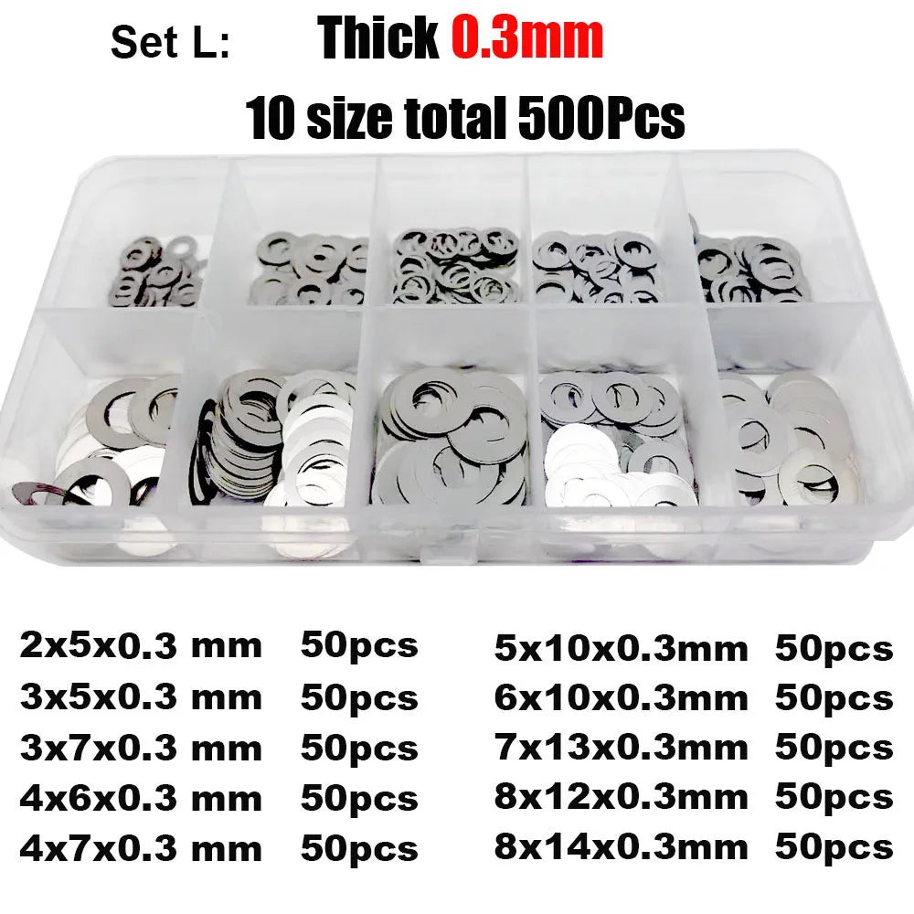 500/750/1200Pcs M2 M3 M4 M5 M6 M7 M8 304 A2 Stainless Steel Ultra Thin Washer Set Adjusting Shim Plain Gasket Assortment Kit Box