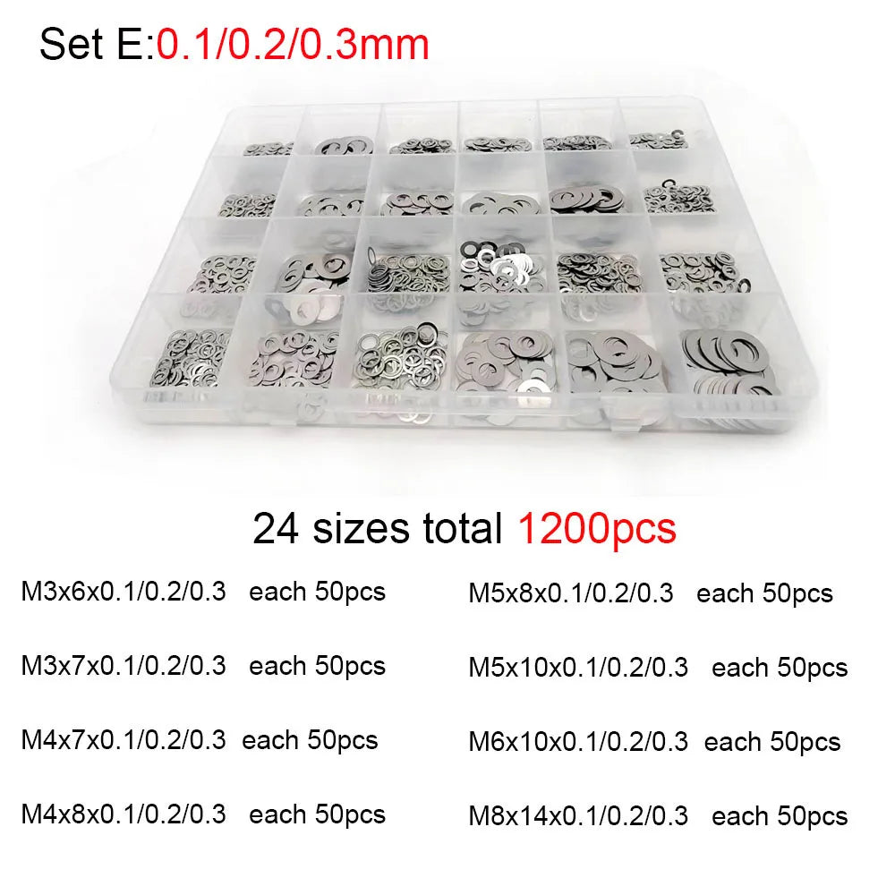 500/750/1200Pcs M2 M3 M4 M5 M6 M7 M8 304 A2 Stainless Steel Ultra Thin Washer Set Adjusting Shim Plain Gasket Assortment Kit Box