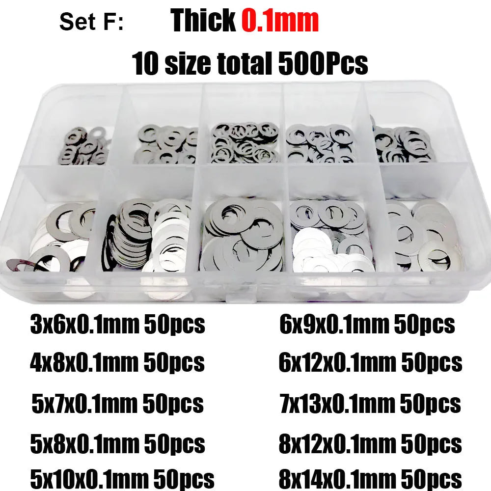 500/750/1200Pcs M2 M3 M4 M5 M6 M7 M8 304 A2 Stainless Steel Ultra Thin Washer Set Adjusting Shim Plain Gasket Assortment Kit Box