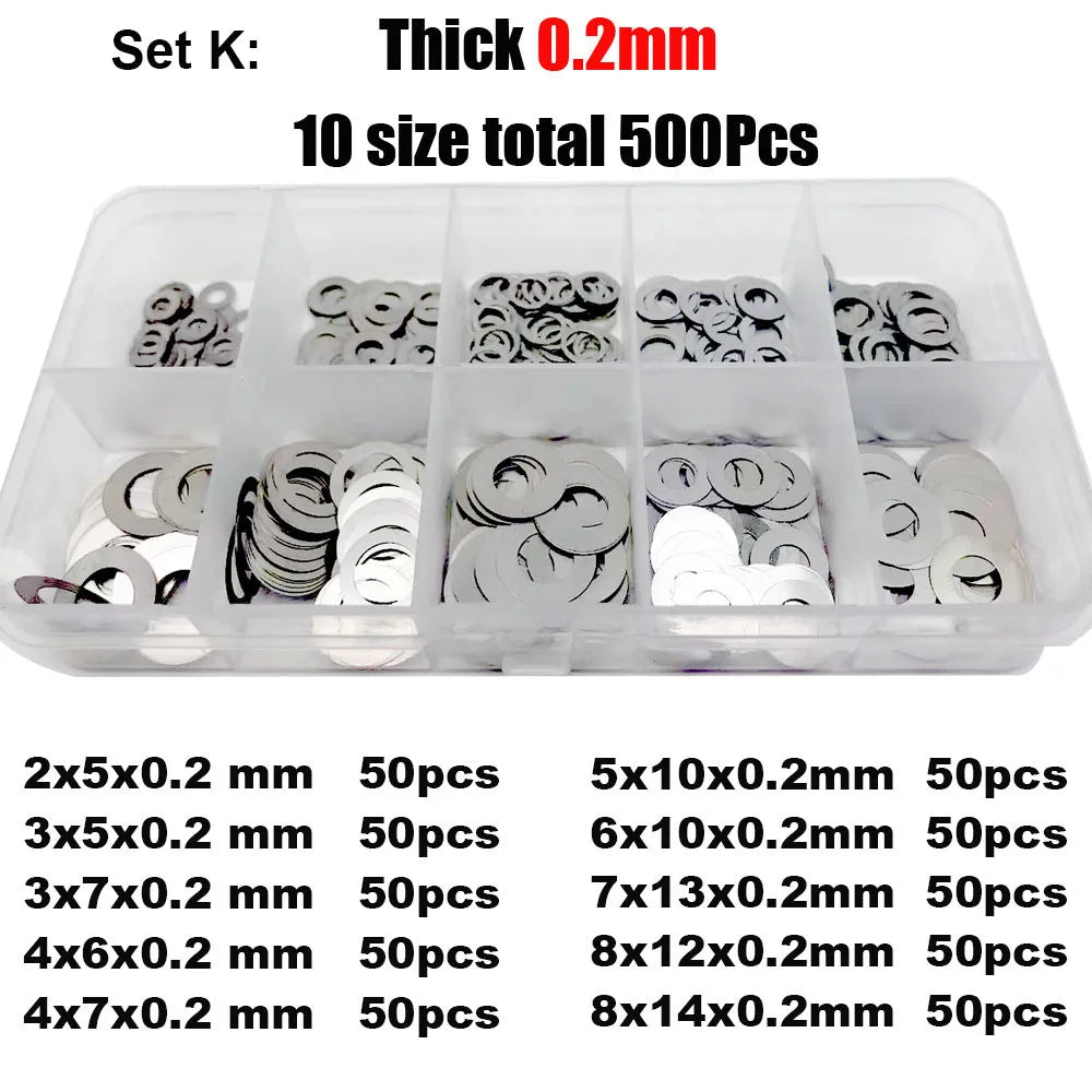 500/750/1200Pcs M2 M3 M4 M5 M6 M7 M8 304 A2 Stainless Steel Ultra Thin Washer Set Adjusting Shim Plain Gasket Assortment Kit Box
