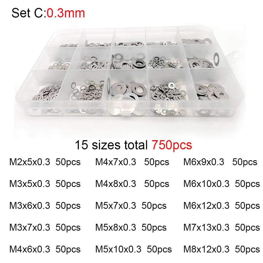 500/750/1200Pcs M2 M3 M4 M5 M6 M7 M8 304 A2 Stainless Steel Ultra Thin Washer Set Adjusting Shim Plain Gasket Assortment Kit Box