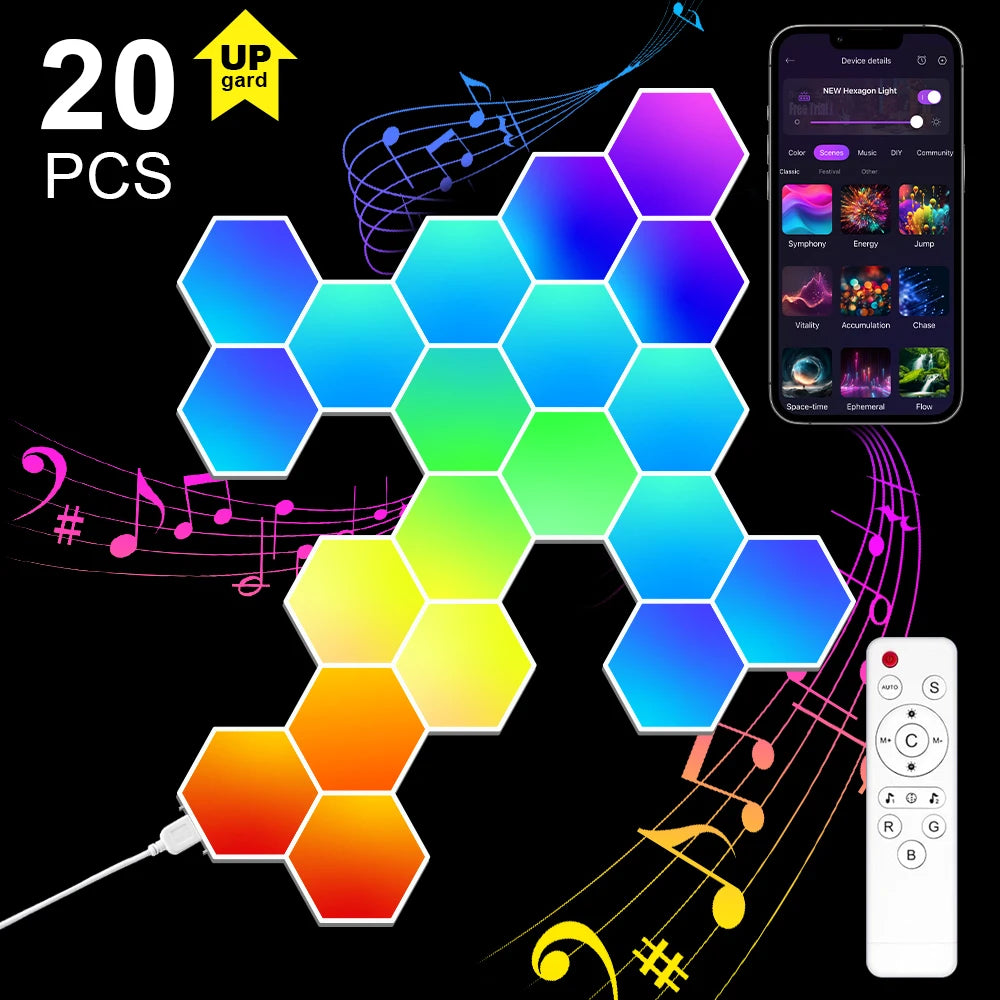RGB Intelligent Hexagonal Wall Lamp Color Changing Ambient Night Light Hexagona Shape MeRGBW APP DIY Music Sync Game Room Home
