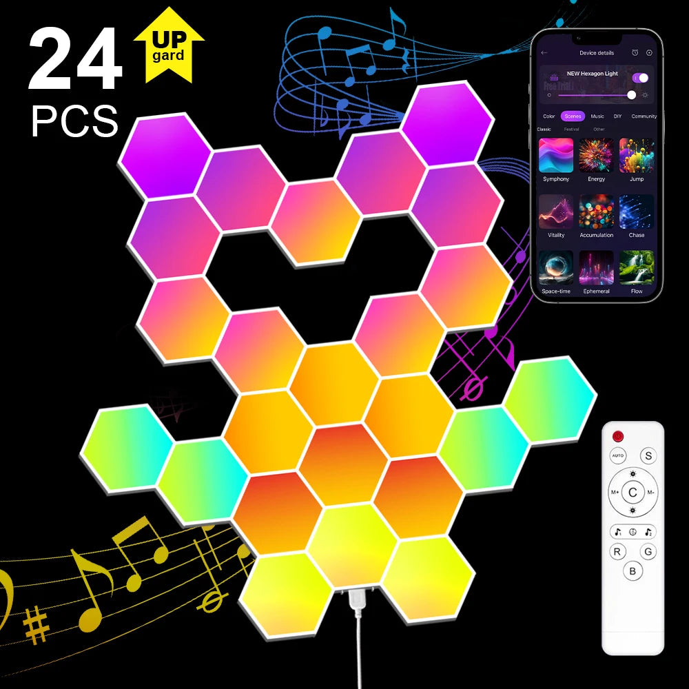 RGB Intelligent Hexagonal Wall Lamp Color Changing Ambient Night Light Hexagona Shape MeRGBW APP DIY Music Sync Game Room Home