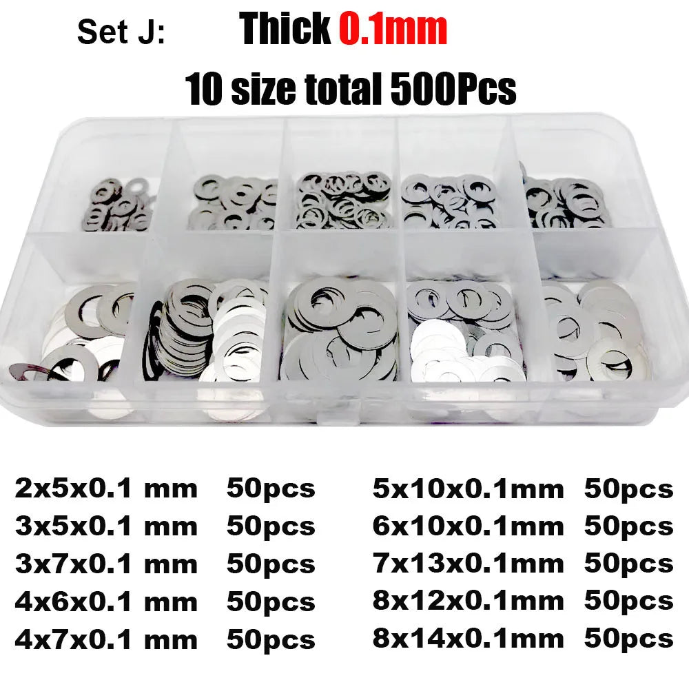 500/750/1200Pcs M2 M3 M4 M5 M6 M7 M8 304 A2 Stainless Steel Ultra Thin Washer Set Adjusting Shim Plain Gasket Assortment Kit Box