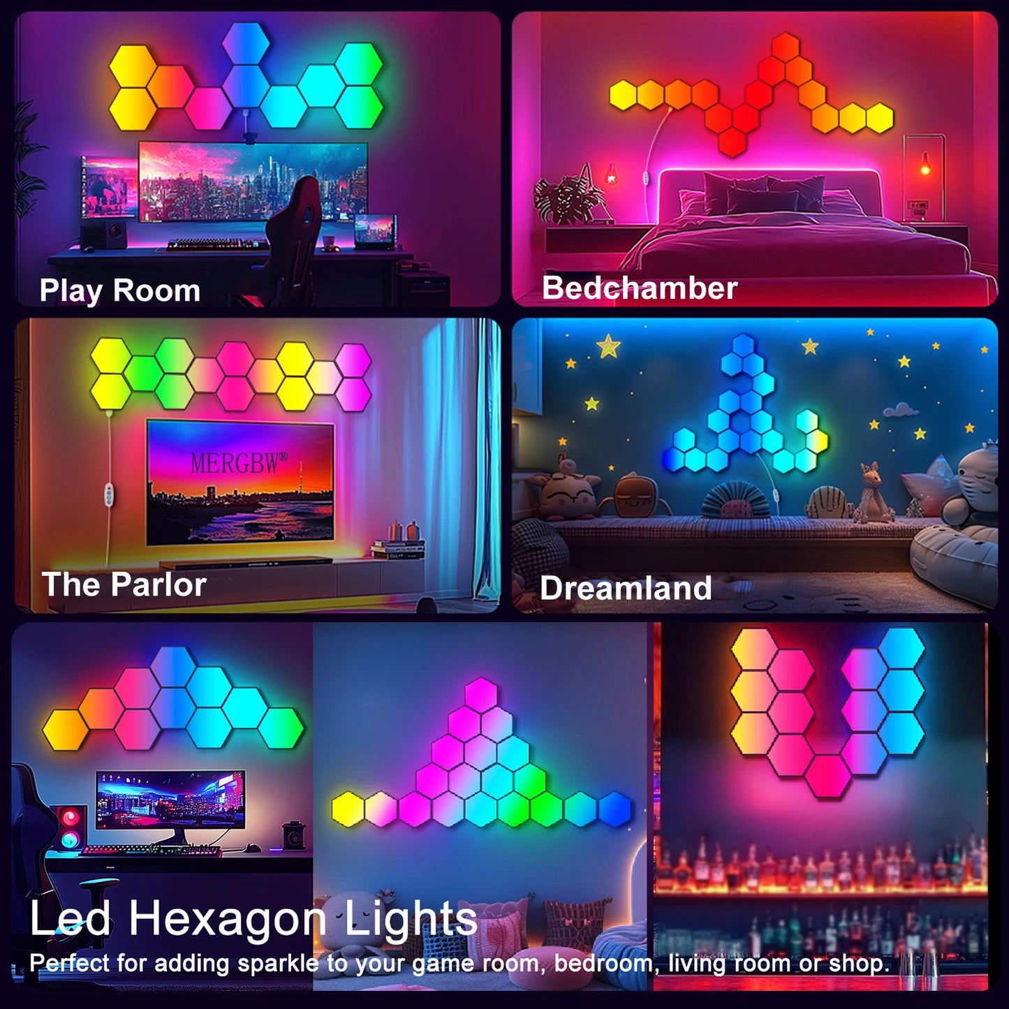 RGB Intelligent Hexagonal Wall Lamp Color Changing Ambient Night Light Hexagona Shape MeRGBW APP DIY Music Sync Game Room Home