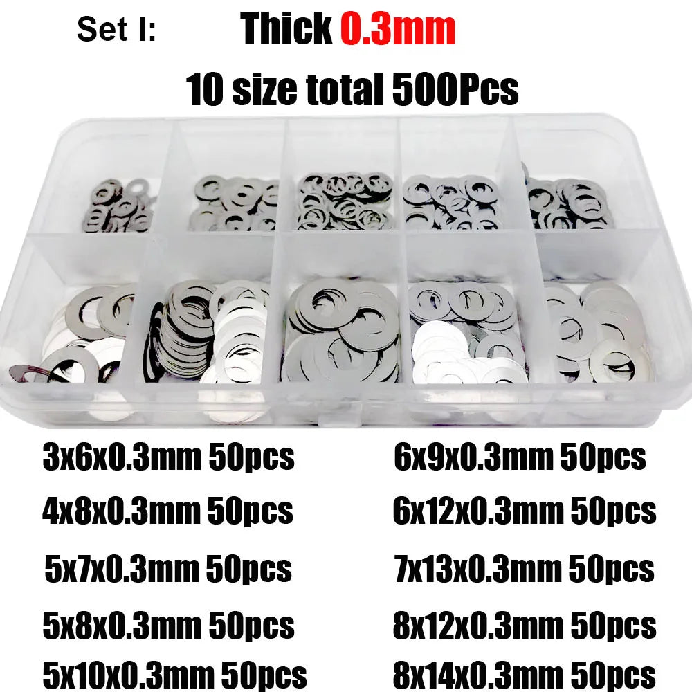 500/750/1200Pcs M2 M3 M4 M5 M6 M7 M8 304 A2 Stainless Steel Ultra Thin Washer Set Adjusting Shim Plain Gasket Assortment Kit Box