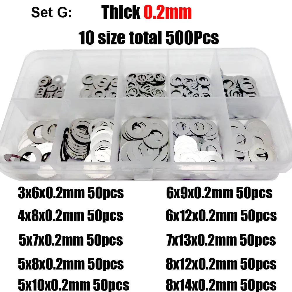 500/750/1200Pcs M2 M3 M4 M5 M6 M7 M8 304 A2 Stainless Steel Ultra Thin Washer Set Adjusting Shim Plain Gasket Assortment Kit Box